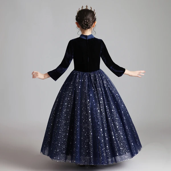 Starry Sky Navy Blue Suede Winter Birthday Flower Girl Dresses 2020 Ball Gown High Neck 3/4 Sleeve Beading Glitter Star Floor-Length / Long Ruffle