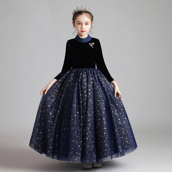 Starry Sky Navy Blue Suede Winter Birthday Flower Girl Dresses 2020 Ball Gown High Neck 3/4 Sleeve Beading Glitter Star Floor-Length / Long Ruffle