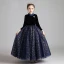 Starry Sky Navy Blue Suede Winter Birthday Flower Girl Dresses 2020 Ball Gown High Neck 3/4 Sleeve Beading Glitter Star Floor-Length / Long Ruffle