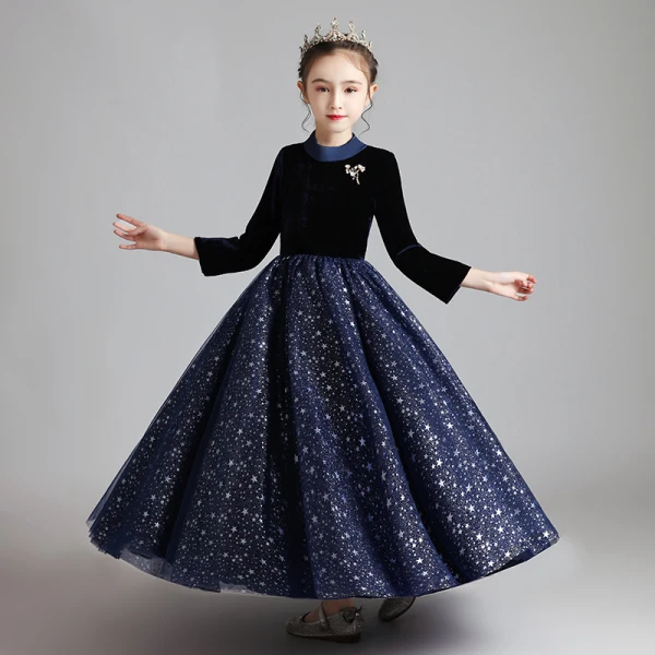 Starry Sky Navy Blue Suede Winter Birthday Flower Girl Dresses 2020 Ball Gown High Neck 3/4 Sleeve Beading Glitter Star Floor-Length / Long Ruffle