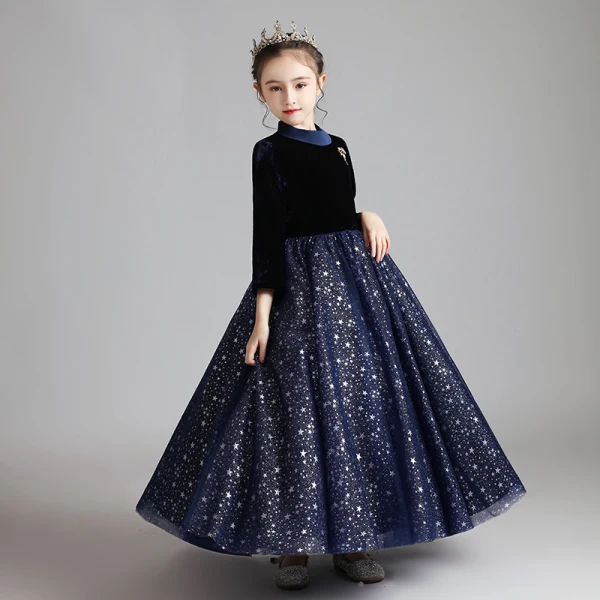 Starry Sky Navy Blue Suede Winter Birthday Flower Girl Dresses 2020 Ball Gown High Neck 3/4 Sleeve Beading Glitter Star Floor-Length / Long Ruffle