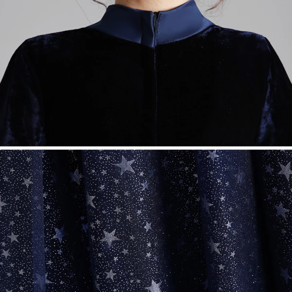 Starry Sky Navy Blue Suede Winter Birthday Flower Girl Dresses 2020 Ball Gown High Neck 3/4 Sleeve Beading Glitter Star Floor-Length / Long Ruffle
