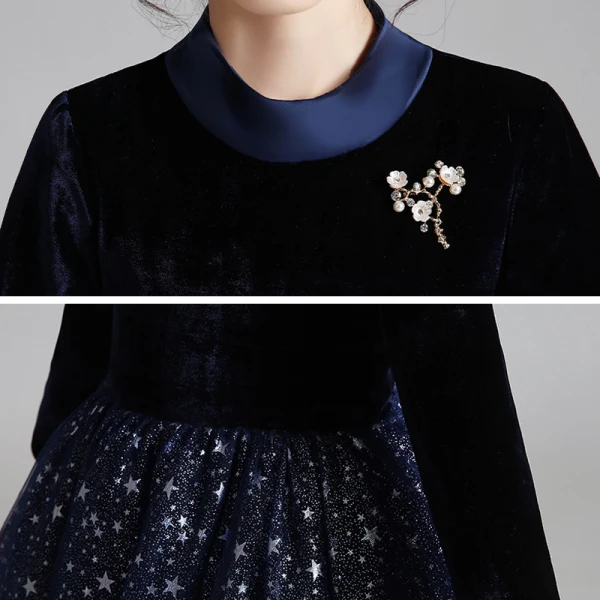 Starry Sky Navy Blue Suede Winter Birthday Flower Girl Dresses 2020 Ball Gown High Neck 3/4 Sleeve Beading Glitter Star Floor-Length / Long Ruffle