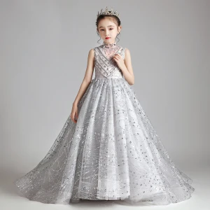 Elegant Grey Birthday Flower Girl Dresses 2020 Ball Gown See Through High Neck Sleeveless Appliques Sequins Beading Sweep Train Ruffle