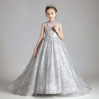 Elegant Grey Birthday Flower Girl Dresses 2020 Ball Gown See Through High Neck Sleeveless Appliques Sequins Beading Sweep Train Ruffle