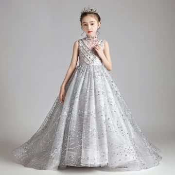 Elegant Grey Birthday Flower Girl Dresses 2020 Ball Gown See Through High Neck Sleeveless Appliques Sequins Beading Sweep Train Ruffle