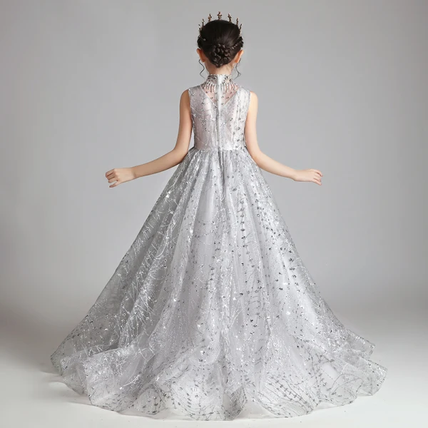 Élégant Gris Anniversaire Robe Ceremonie Fille 2020 Robe Boule Transparentes Col Haut Sans Manches Appliques Paillettes Perlage Train De Balayage Volants