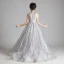 Élégant Gris Anniversaire Robe Ceremonie Fille 2020 Robe Boule Transparentes Col Haut Sans Manches Appliques Paillettes Perlage Train De Balayage Volants