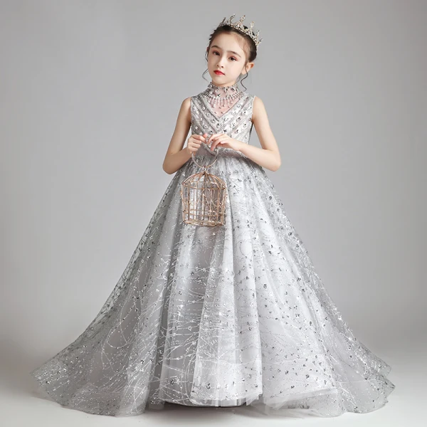 Élégant Gris Anniversaire Robe Ceremonie Fille 2020 Robe Boule Transparentes Col Haut Sans Manches Appliques Paillettes Perlage Train De Balayage Volants