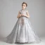 Élégant Gris Anniversaire Robe Ceremonie Fille 2020 Robe Boule Transparentes Col Haut Sans Manches Appliques Paillettes Perlage Train De Balayage Volants