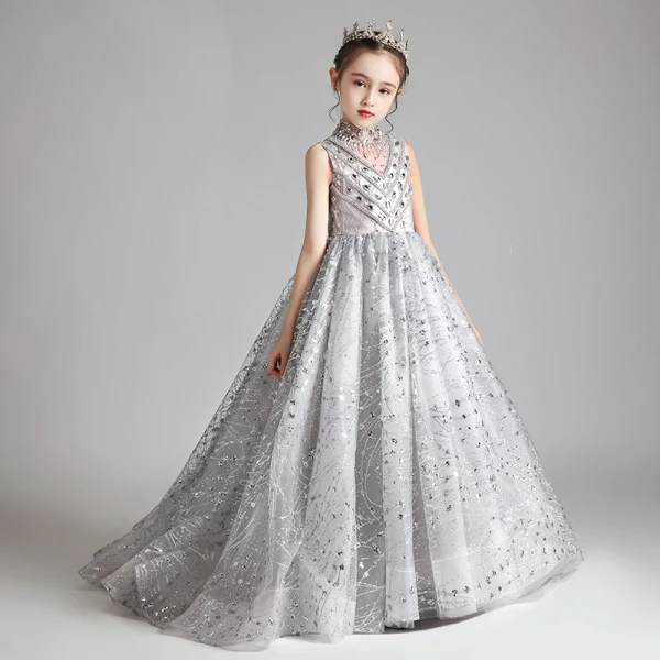 Élégant Gris Anniversaire Robe Ceremonie Fille 2020 Robe Boule Transparentes Col Haut Sans Manches Appliques Paillettes Perlage Train De Balayage Volants