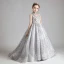 Élégant Gris Anniversaire Robe Ceremonie Fille 2020 Robe Boule Transparentes Col Haut Sans Manches Appliques Paillettes Perlage Train De Balayage Volants