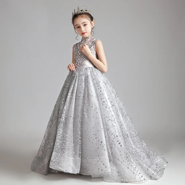Élégant Gris Anniversaire Robe Ceremonie Fille 2020 Robe Boule Transparentes Col Haut Sans Manches Appliques Paillettes Perlage Train De Balayage Volants