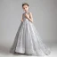 Élégant Gris Anniversaire Robe Ceremonie Fille 2020 Robe Boule Transparentes Col Haut Sans Manches Appliques Paillettes Perlage Train De Balayage Volants