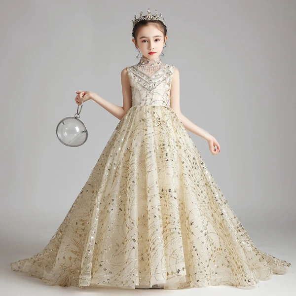 Élégant Gris Anniversaire Robe Ceremonie Fille 2020 Robe Boule Transparentes Col Haut Sans Manches Appliques Paillettes Perlage Train De Balayage Volants