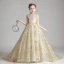Élégant Gris Anniversaire Robe Ceremonie Fille 2020 Robe Boule Transparentes Col Haut Sans Manches Appliques Paillettes Perlage Train De Balayage Volants