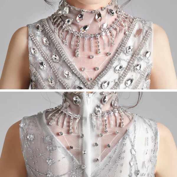 Élégant Gris Anniversaire Robe Ceremonie Fille 2020 Robe Boule Transparentes Col Haut Sans Manches Appliques Paillettes Perlage Train De Balayage Volants