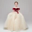 Chic / Belle Champagne Transparentes Daim Robe Ceremonie Fille 2020 Princesse Encolure Dégagée Manches Courtes Appliques En Dentelle Perlage Paillettes Volants Train De Balayage