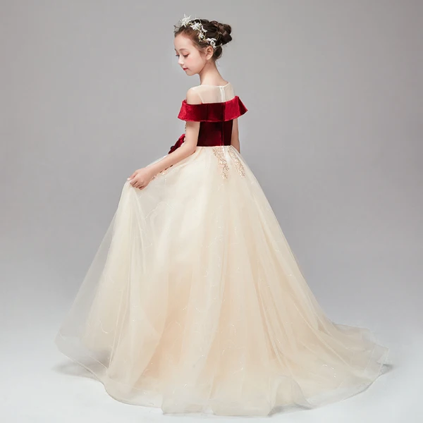 Chic / Belle Champagne Transparentes Daim Robe Ceremonie Fille 2020 Princesse Encolure Dégagée Manches Courtes Appliques En Dentelle Perlage Paillettes Volants Train De Balayage