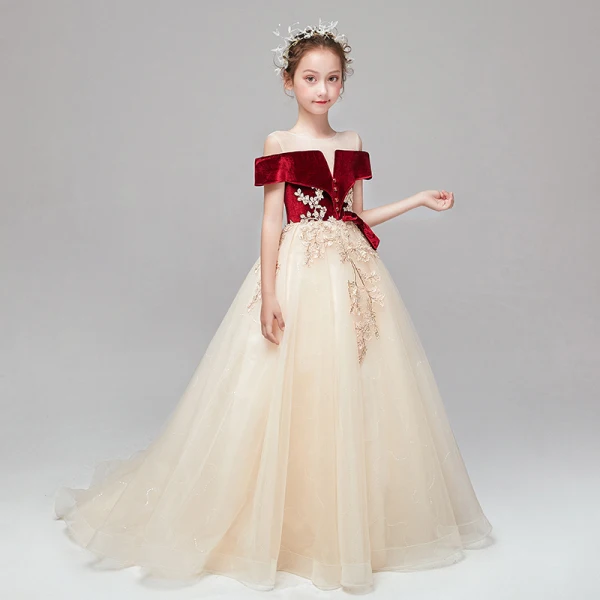 Chic / Belle Champagne Transparentes Daim Robe Ceremonie Fille 2020 Princesse Encolure Dégagée Manches Courtes Appliques En Dentelle Perlage Paillettes Volants Train De Balayage