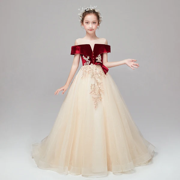 Chic / Belle Champagne Transparentes Daim Robe Ceremonie Fille 2020 Princesse Encolure Dégagée Manches Courtes Appliques En Dentelle Perlage Paillettes Volants Train De Balayage