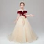 Chic / Belle Champagne Transparentes Daim Robe Ceremonie Fille 2020 Princesse Encolure Dégagée Manches Courtes Appliques En Dentelle Perlage Paillettes Volants Train De Balayage