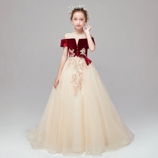 Chic / Belle Champagne Transparentes Daim Robe Ceremonie Fille 2020 Princesse Encolure Dégagée Manches Courtes Appliques En Dentelle Perlage Paillettes Volants Train De Balayage