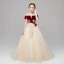 Chic / Belle Champagne Transparentes Daim Robe Ceremonie Fille 2020 Princesse Encolure Dégagée Manches Courtes Appliques En Dentelle Perlage Paillettes Volants Train De Balayage