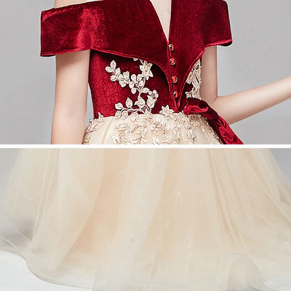 Chic / Belle Champagne Transparentes Daim Robe Ceremonie Fille 2020 Princesse Encolure Dégagée Manches Courtes Appliques En Dentelle Perlage Paillettes Volants Train De Balayage