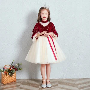 Vintage Retro Red Champagne Suede Winter Birthday Flower Girl Dresses 2020 Princess High Neck Puffy 3 4 Sleeve Star Embroidered Sash Short Ruffle