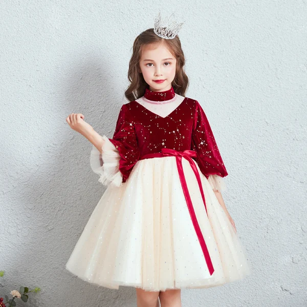 Vintage / Retro Red Champagne Suede Winter Birthday Flower Girl Dresses 2020 Princess High Neck Puffy 3/4 Sleeve Star Embroidered Sash Short Ruffle