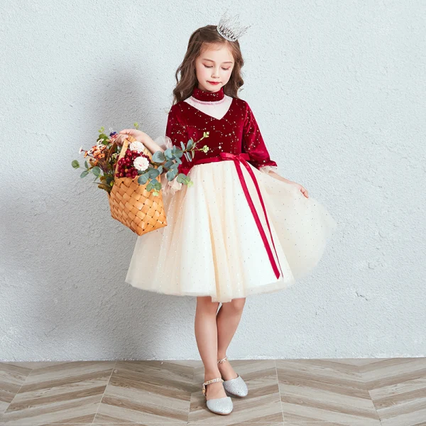 Vintage / Retro Red Champagne Suede Winter Birthday Flower Girl Dresses 2020 Princess High Neck Puffy 3/4 Sleeve Star Embroidered Sash Short Ruffle