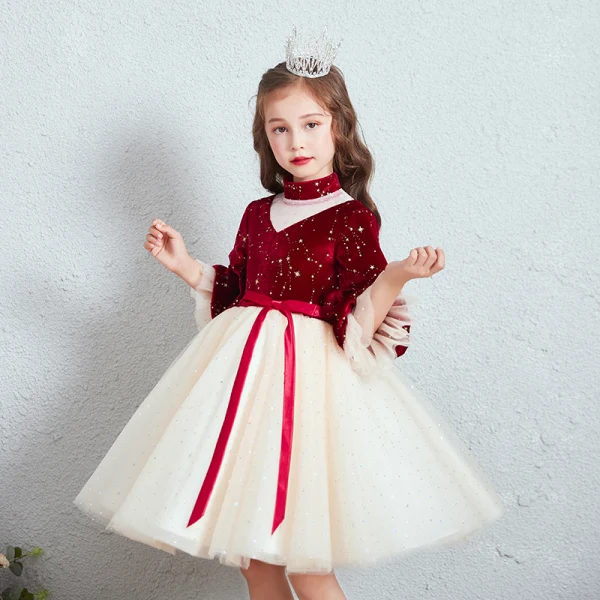 Vintage / Retro Red Champagne Suede Winter Birthday Flower Girl Dresses 2020 Princess High Neck Puffy 3/4 Sleeve Star Embroidered Sash Short Ruffle