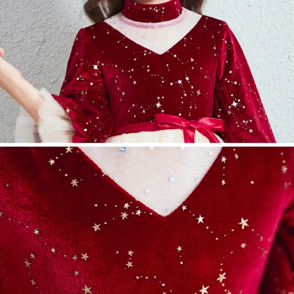 Vintage / Retro Red Champagne Suede Winter Birthday Flower Girl Dresses 2020 Princess High Neck Puffy 3/4 Sleeve Star Embroidered Sash Short Ruffle