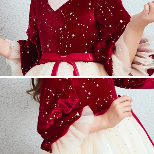 Vintage / Retro Red Champagne Suede Winter Birthday Flower Girl Dresses 2020 Princess High Neck Puffy 3/4 Sleeve Star Embroidered Sash Short Ruffle