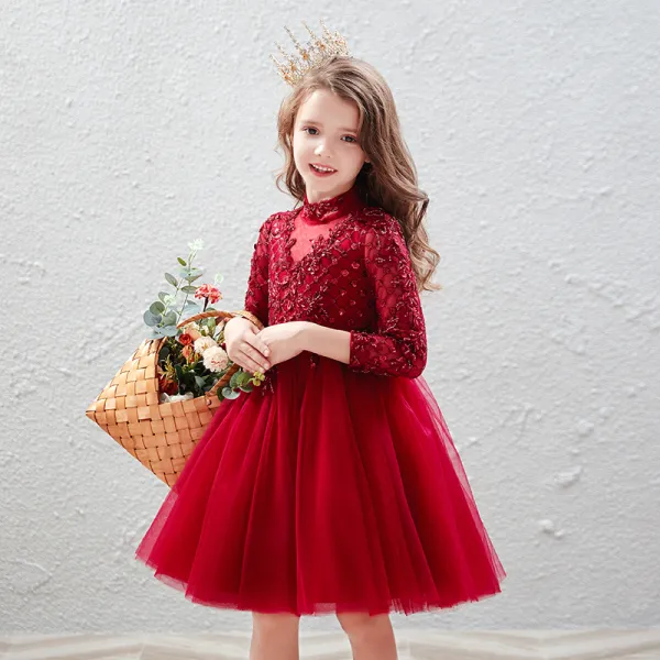 Vintage / Retro Red Birthday Flower Girl Dresses 2020 Ball Gown High Neck 3/4 Sleeve Appliques Lace Sequins Beading Short Ruffle