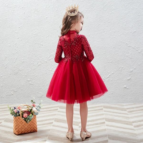 Vintage / Retro Red Birthday Flower Girl Dresses 2020 Ball Gown High Neck 3/4 Sleeve Appliques Lace Sequins Beading Short Ruffle