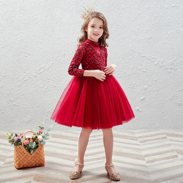 Vintage / Retro Red Birthday Flower Girl Dresses 2020 Ball Gown High Neck 3/4 Sleeve Appliques Lace Sequins Beading Short Ruffle