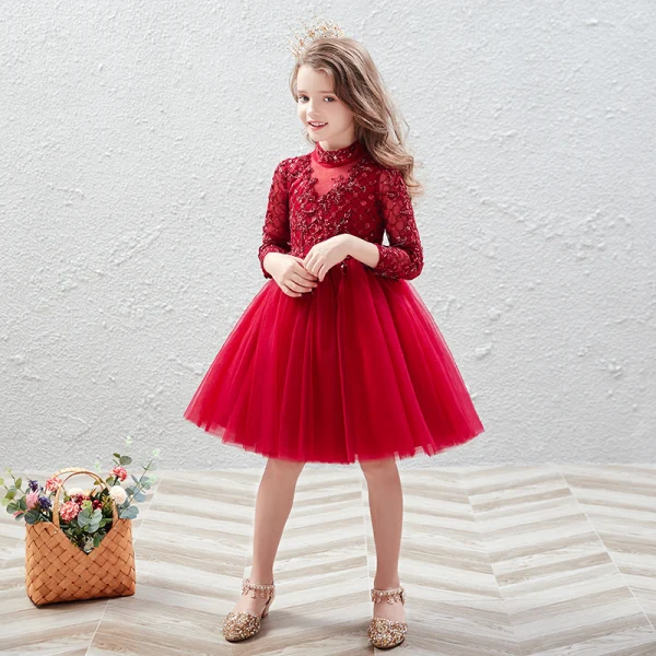 Vintage / Retro Red Birthday Flower Girl Dresses 2020 Ball Gown High Neck 3/4 Sleeve Appliques Lace Sequins Beading Short Ruffle