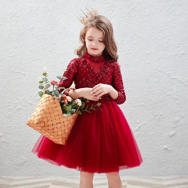 Vintage / Retro Red Birthday Flower Girl Dresses 2020 Ball Gown High Neck 3/4 Sleeve Appliques Lace Sequins Beading Short Ruffle
