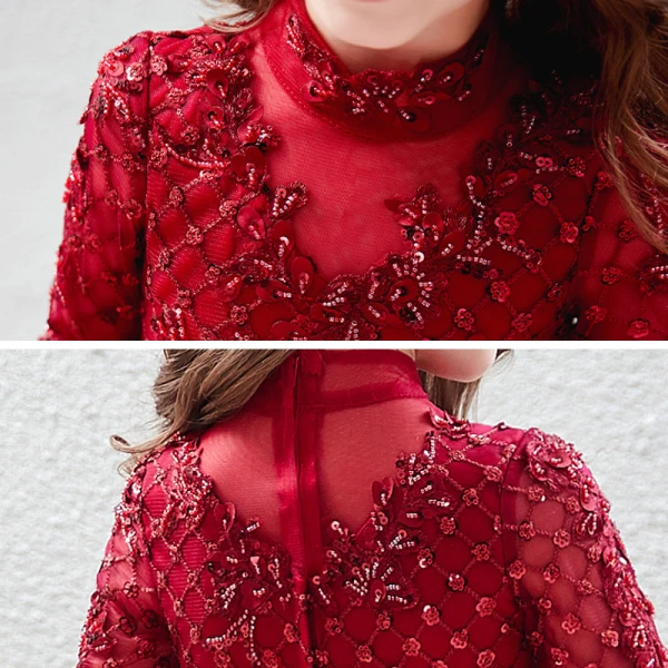 Vintage / Retro Red Birthday Flower Girl Dresses 2020 Ball Gown High Neck 3/4 Sleeve Appliques Lace Sequins Beading Short Ruffle