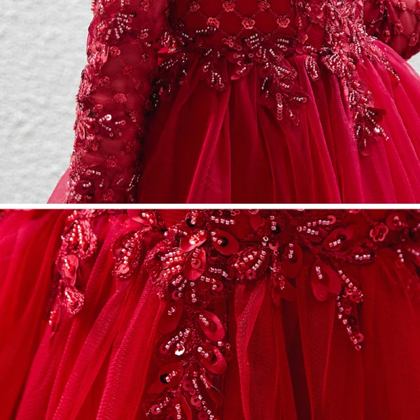 Vintage / Retro Red Birthday Flower Girl Dresses 2020 Ball Gown High Neck 3/4 Sleeve Appliques Lace Sequins Beading Short Ruffle