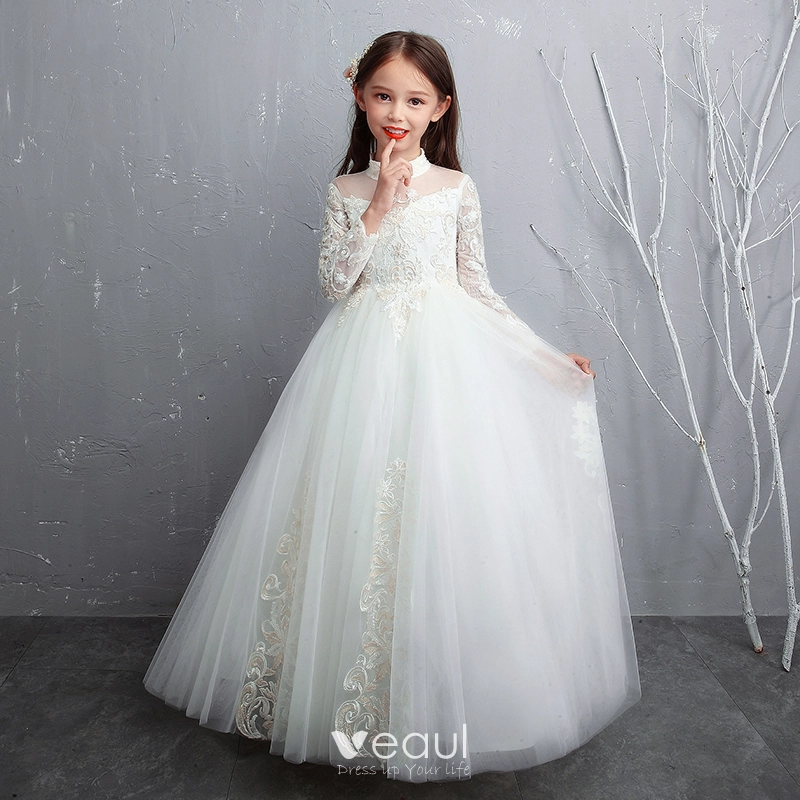 White lace long clearance sleeve flower girl dress