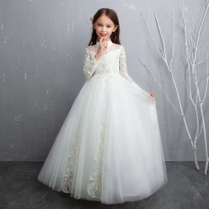 Chic Beautiful White Flower Girl Dresses 2020 A Line Princess See Through High Neck Long Sleeve Appliques Lace Beading Pearl Floor Length Long Ruffle