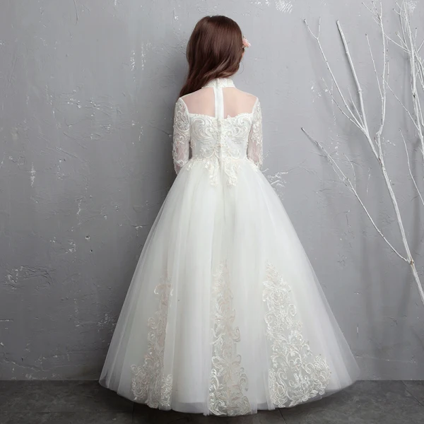 Chic / Beautiful White Flower Girl Dresses 2020 A-Line / Princess See-through High Neck Long Sleeve Appliques Lace Beading Pearl Floor-Length / Long Ruffle
