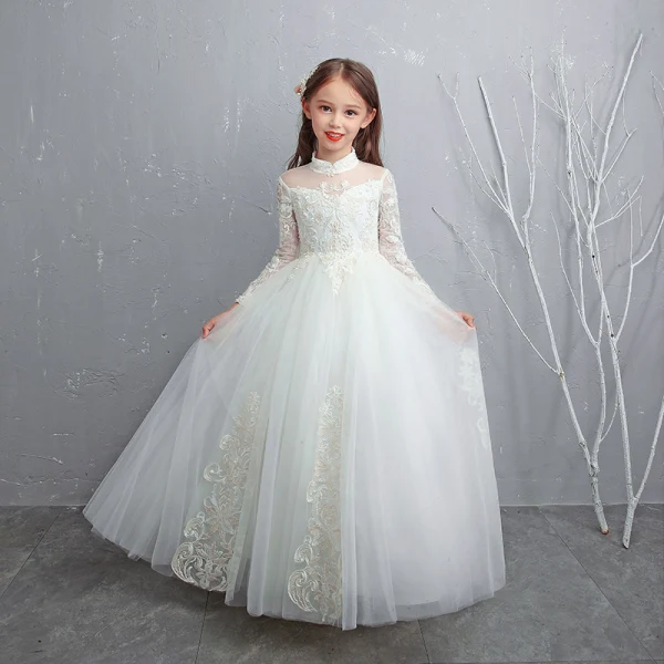 Chic / Beautiful White Flower Girl Dresses 2020 A-Line / Princess See-through High Neck Long Sleeve Appliques Lace Beading Pearl Floor-Length / Long Ruffle