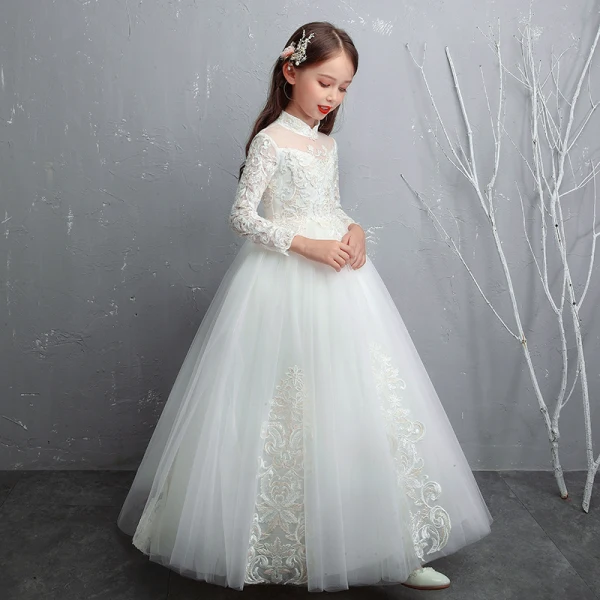 Chic / Beautiful White Flower Girl Dresses 2020 A-Line / Princess See-through High Neck Long Sleeve Appliques Lace Beading Pearl Floor-Length / Long Ruffle