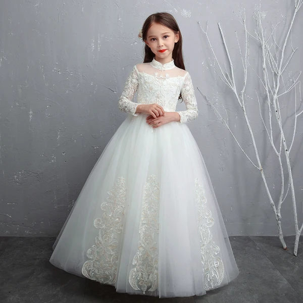 Chic / Beautiful White Flower Girl Dresses 2020 A-Line / Princess See-through High Neck Long Sleeve Appliques Lace Beading Pearl Floor-Length / Long Ruffle