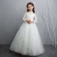 Chic / Beautiful White Flower Girl Dresses 2020 A-Line / Princess See-through High Neck Long Sleeve Appliques Lace Beading Pearl Floor-Length / Long Ruffle