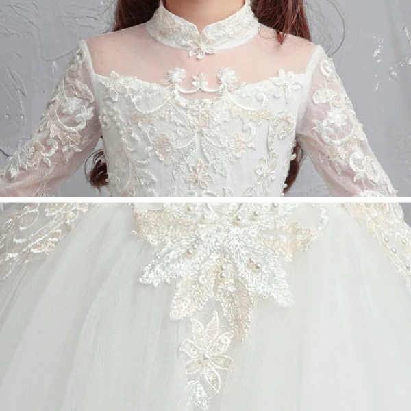 Chic / Beautiful White Flower Girl Dresses 2020 A-Line / Princess See-through High Neck Long Sleeve Appliques Lace Beading Pearl Floor-Length / Long Ruffle